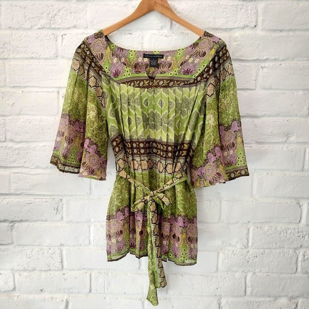 Grace Elements Tunic Top Womens Small Green Floral Sheer Pleated Belted Oversize